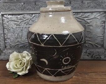 Vintage 1970s Studio Art Pottery Vase: Moon & Sun Motif, Signed S-W
