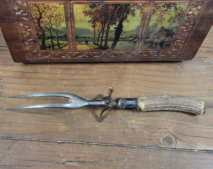 Antique Meat Carving Fork with Antler Handle and Self Stand