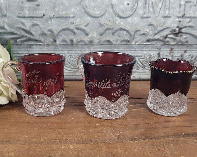 3 Mini Mugs/ToothPick Holders, EAPG Souvenir Glass -Ruby Stain, 1908-1913