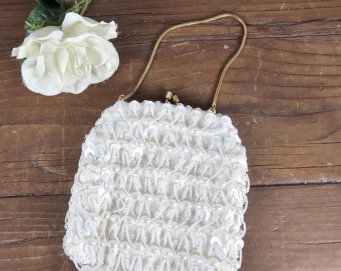 Vintage White Iridescent Beaded Glitzy Clutch - Made in Hong Kong