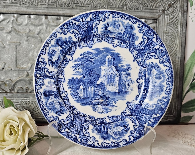 Blue Transferware Ironstone Plate with Gothic Building Facades by Petrus Regout Co. Maastricht
