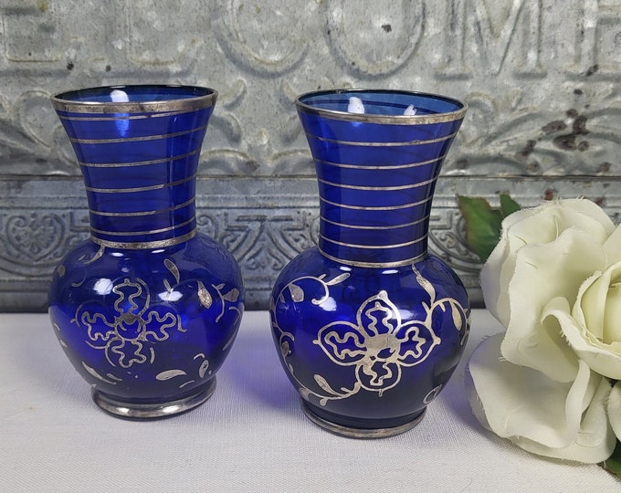 Hand painted Empoli Cobalt Blue and Silver Overlay Mini Vase - 2 available