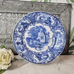 Blue Transferware Ironstone Plate with Gothic Building Facades by Petrus Regout Co. Maastricht