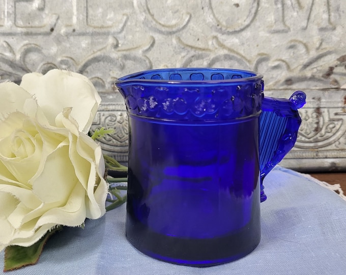 Vintage Cobalt Blue Creamer with Shamrocks and Harp of Erin Handle