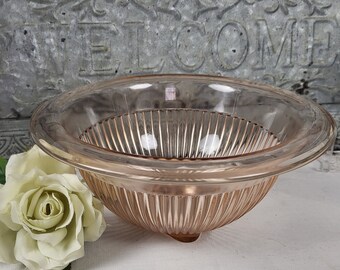 Vintage Federal Glass Rose Glow Mixing Bowl, 7" Ribbed Design