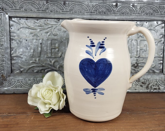 Vintage Farmhouse style Stoneware Pottery Water Pitcher - Cream with Blue Heart