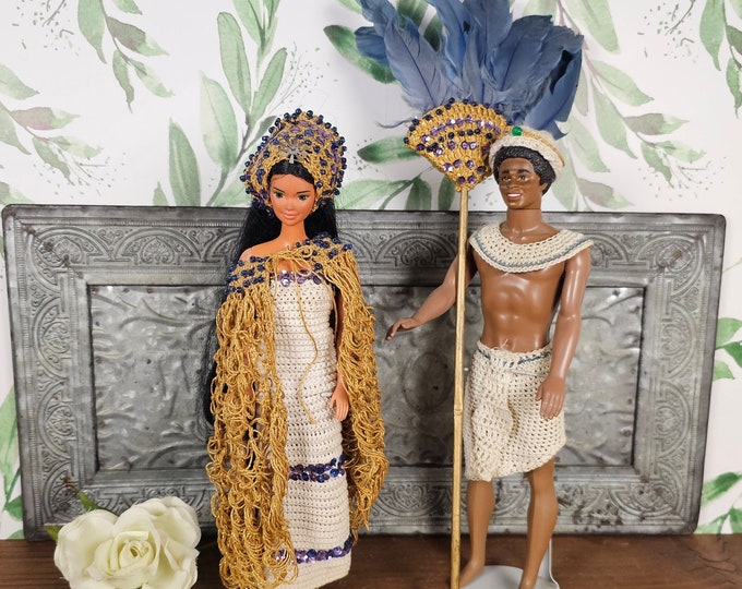 Cleopatra and Guard 11.5” Fashion Dolls: Hand Crocheted Beaded and Sequined Clothes