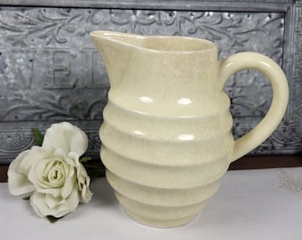 Unusual 7” Stoneware Yellow RIbbed Pitcher