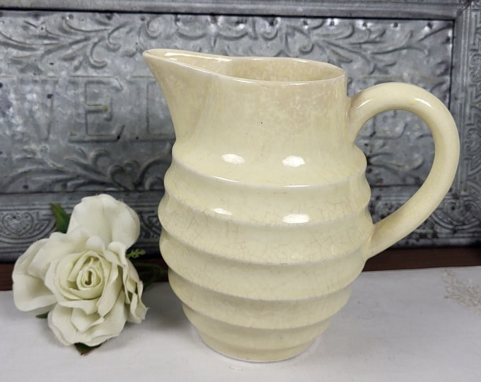 Unusual 7” Stoneware Yellow RIbbed Pitcher