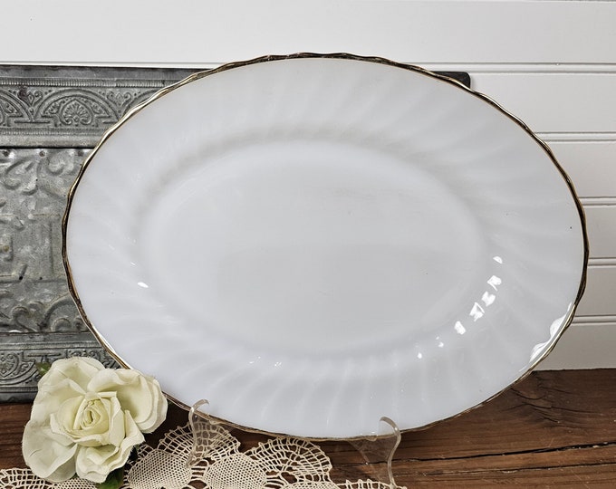 Fire King 13" Oval Platter - White Swirl Golden Shell by Anchor Hocking