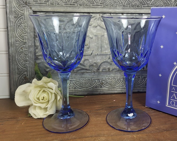 Two Vtg Avon Water Goblets - American Blue Classics Collection - Starburst Center Glass - VIB