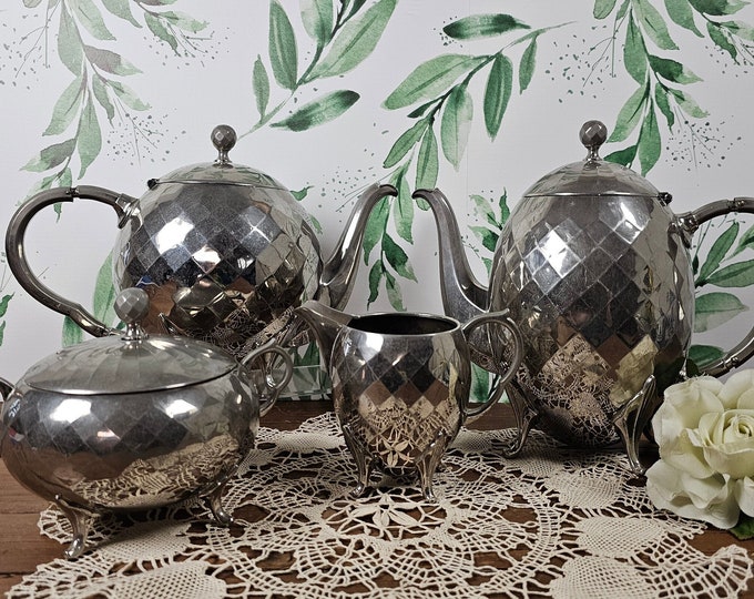 Rare German 5-piece Coffee and Tea Set - Chrome Plated and Engraved Diamond Point