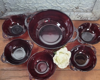Coronation Royal Ruby Handled Fruit Bowls - Anchor Hocking Ruby Red - c. 1936-1940