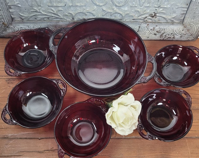 Coronation Royal Ruby Handled Fruit Bowls - Anchor Hocking Ruby Red - c. 1936-1940
