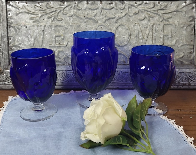 Vintage Cobalt Blue Tulipa Block Ivima Glasses - 2 Juice or 1 Iced Tea - Portugal