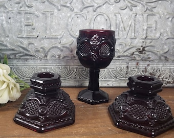 Gorgeous Ruby Red Candlesticks and Small Goblet, Avon 1876 Cape Cod, 1990s - set of 3