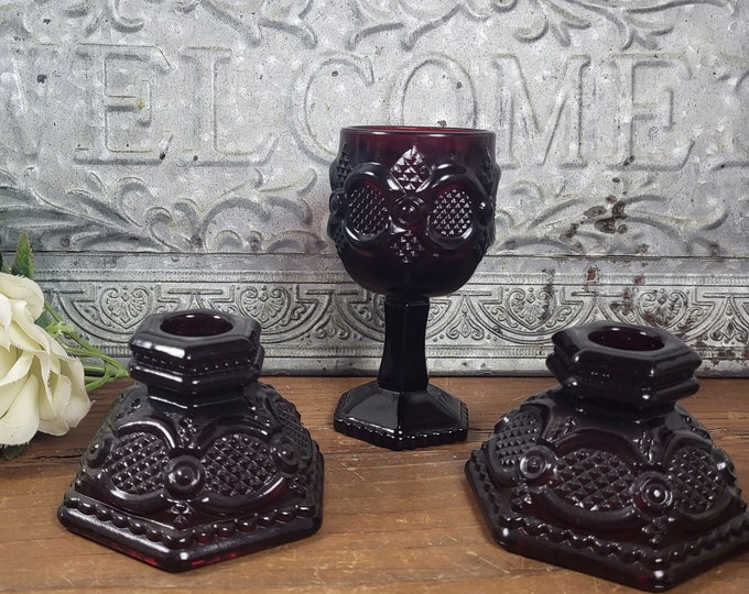 1990s Avon 1876 Cape Cod Ruby Red Candlesticks & Goblet Set