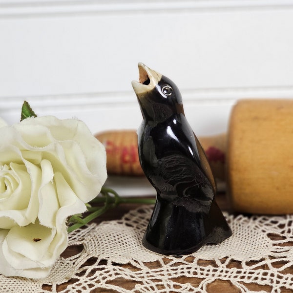 Vintage Black Bird Pie Funnel- Pie Vent Glazed Pottery Figurine