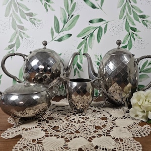Rare German 5-piece Coffee and Tea Set - Chrome Plated and Engraved Diamond Point