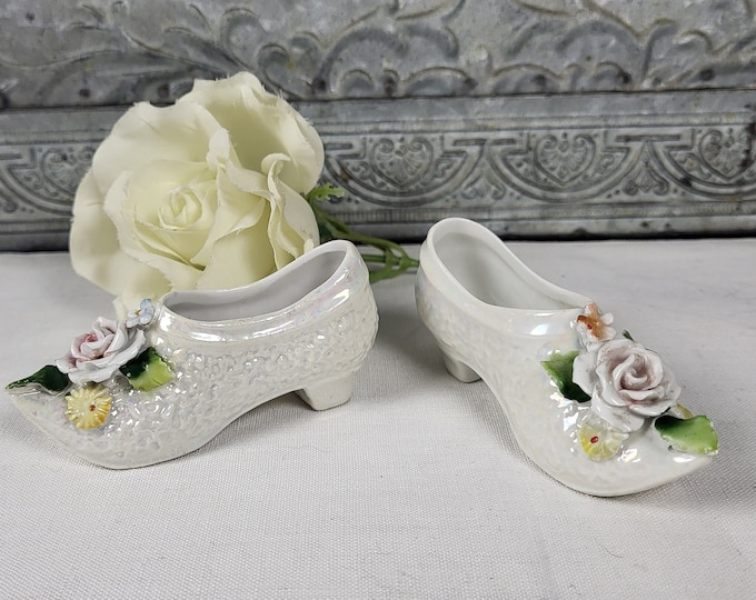 Antique Iridescent Porcelain Slippers with Applied flowers - Made in Germany