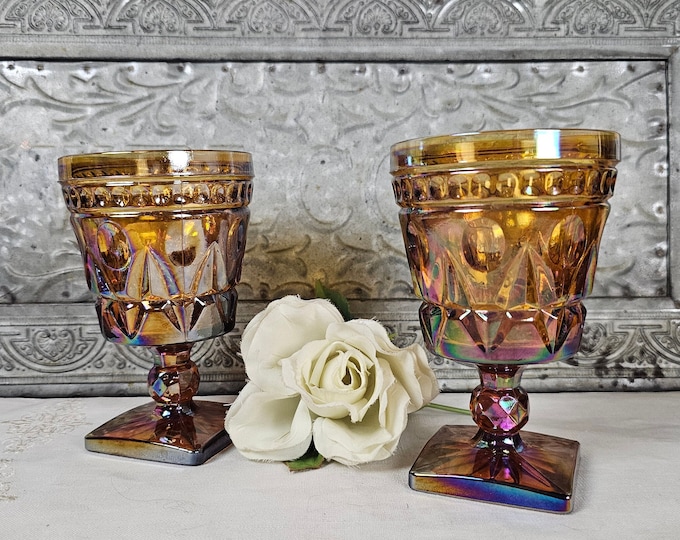 Iridescent Amber Water Goblets - Vintage Colony Park Lane - Set of 2