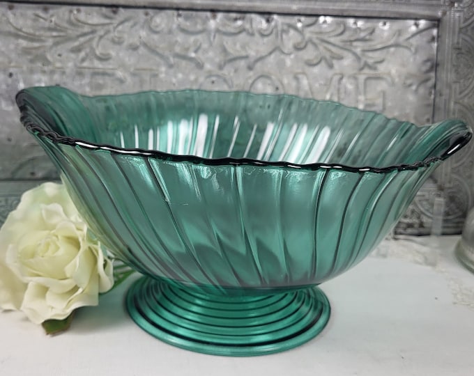 Depression Glass Swirl Ultramarine (Blue Green) 10" Footed Bowl by Jeannette