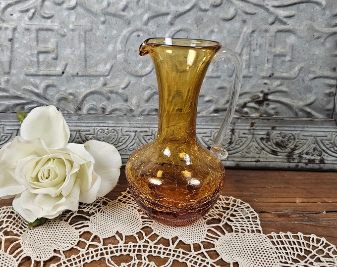 Vintage Hand Blown Glass Amber Crackle Pitcher with Clear Handle