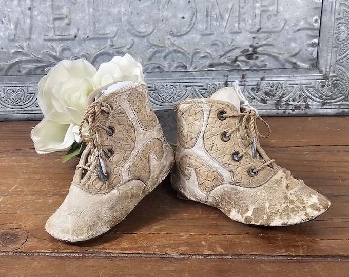 Antique Leather and Applied Cloth Baby Booties - Baby Shoes - Circa 1850s