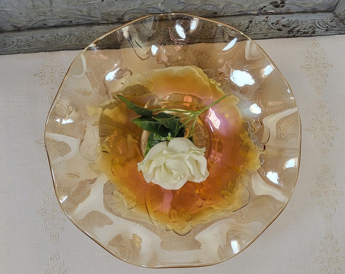 Marigold Glass Iris Iridescent 11" Fruit bowl with Ruffled Edge by Jeannette