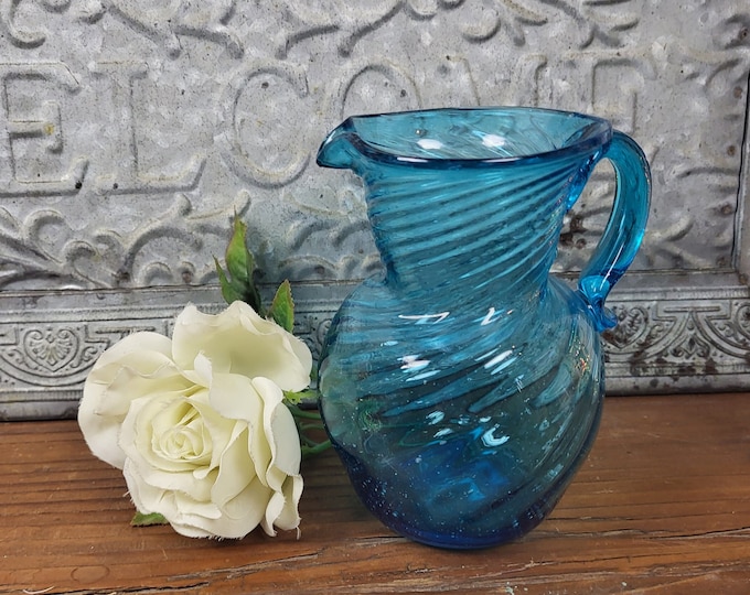 Vintage Hand Blown Swirl Turquoise Pitcher