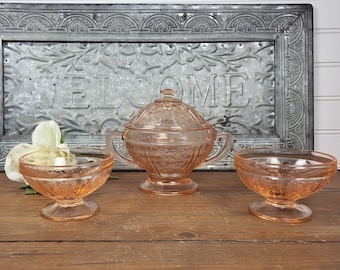 Vintage Depression Era Lidded Sugar Bowl & Sherbet Glasses – Sharon Pink by Federal Glass