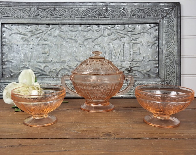 Vintage Depression Era Lidded Sugar Bowl & Sherbet Glasses – Sharon Pink by Federal Glass