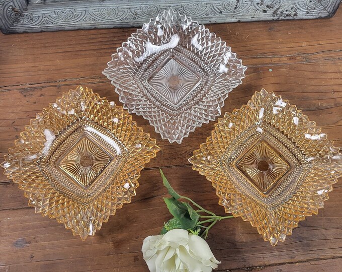 Set of 3 Amber and Clear Bonbon Dishes -  Tradition Square by Federal Glass