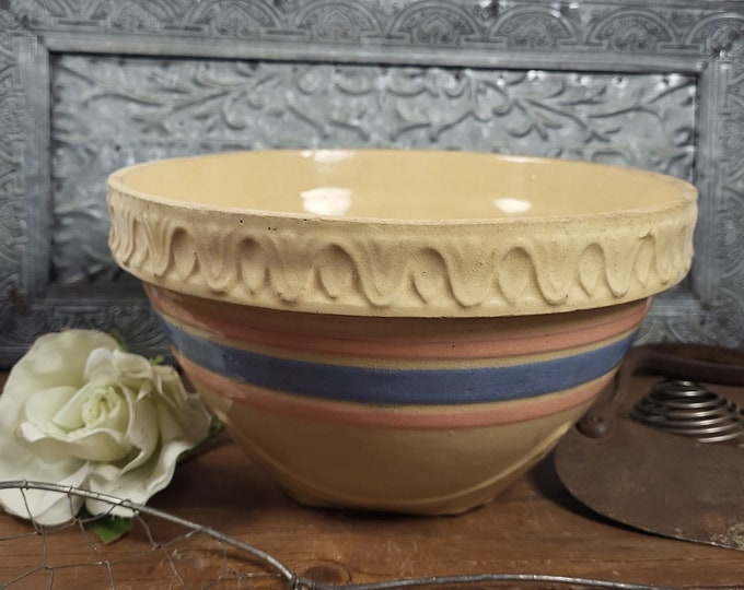 Vintage Early McCoy Yellow Ware 9.5" Mixing Bowl: Pie Crust Trim, Pink & Blue Stripes