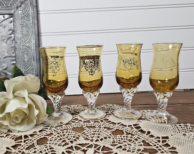 Tulip Cordial Amber and Clear Twist with Gold Trim, set of 4