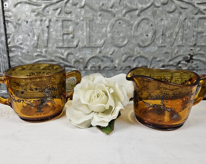 Pair of Vintage Amber Glass Silver Overlay Open Sugar Bowl and Creamer
