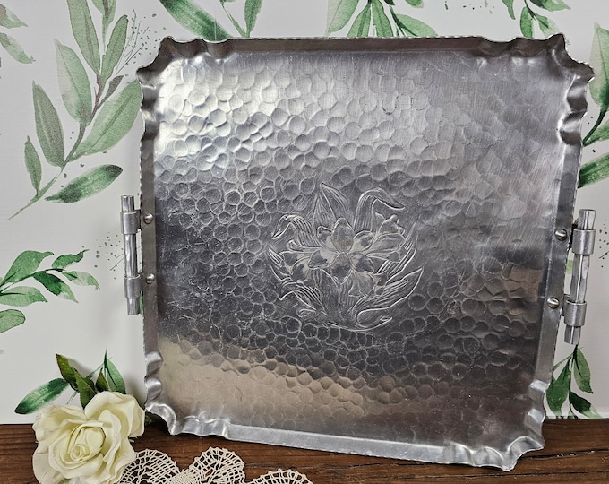 Large Vtg 2-Handled Serving Tray - Aluminum Embossed Floral