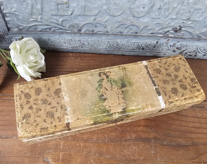 Antique Victorian Wooden Box with Applied Picture | Possibly Glove or Folding Fan Box