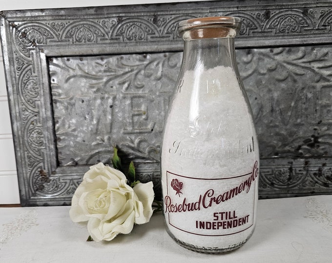 1940s Rosebud Creamery Co.  - 1 Quart  Pyroglaze Glass Cream/Milk Bottle
