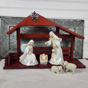 Baby Jesus, Mary, Joseph, Creche and Sheep- Hawthorne Village Silver Blessings Nativity Collection