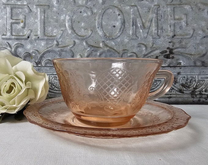 Depression Glass Teacup and Saucer - Normandie Pink by Federal Glass
