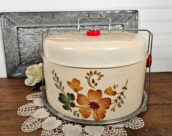 MCM Vintage Enameled Tin Cake Carrier with Floral Design