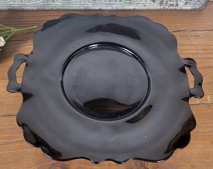 L.E. Smith Mt. Pleasant Black Amethyst Glass Square 2-Handled Cake Plate