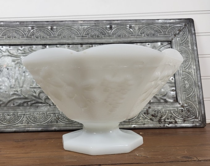 Vintage Milk Glass Anchor Hocking Octagon Pedestal Grape Pattern Bowl - 1950s-1960s