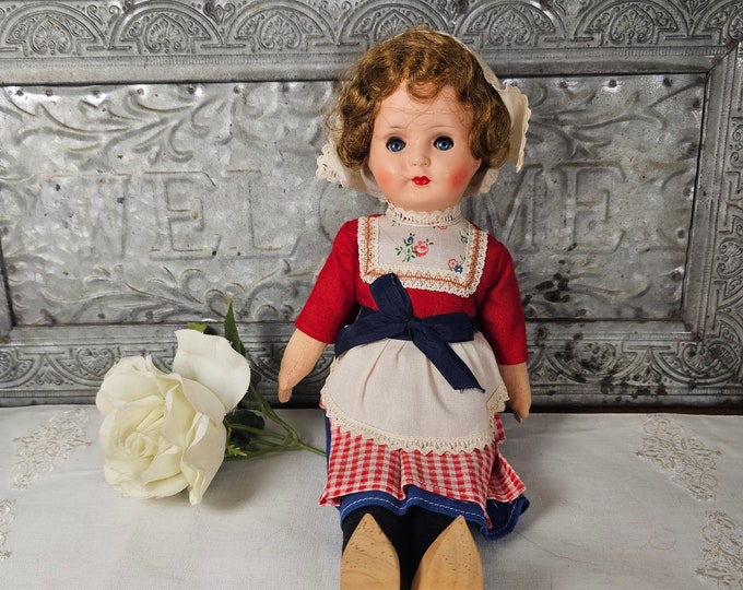 Handmade Vintage Dutch Sawdust Doll - Brunette Beauty with Checkered Apron