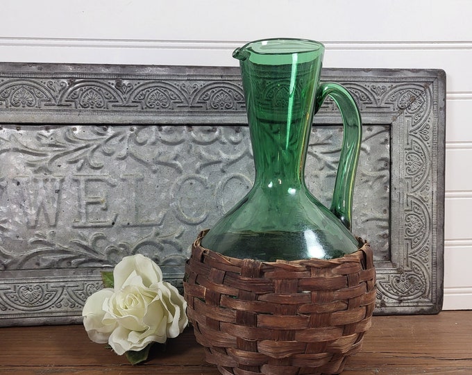Vintage Large Green Glass Jug in Rattan Basket - Hand Blown