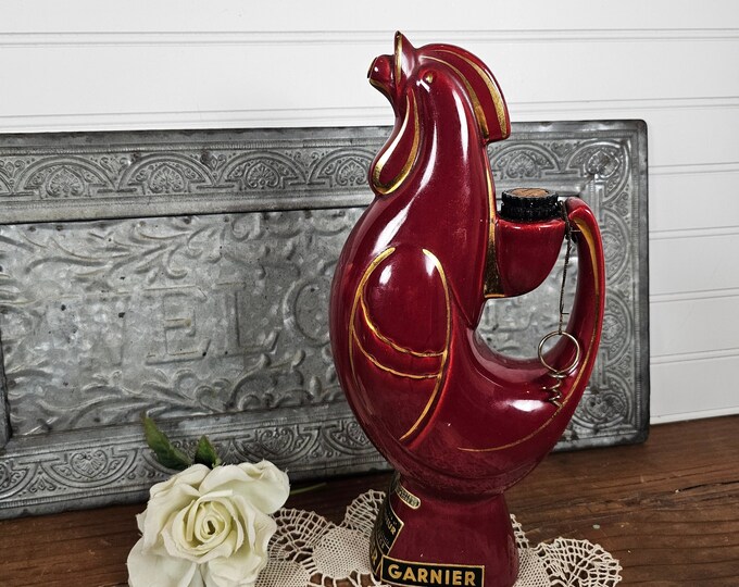 MCM 1950s French Garnier Blackberry Liqueur Burgundy Rooster - Empty