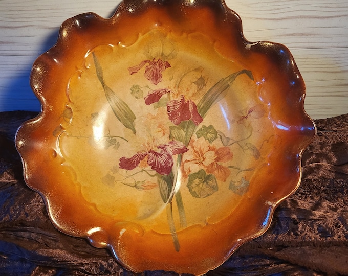 Antique American Company Wheeling Pottery La Belle China - brown bowl with irises