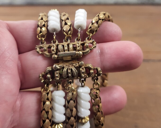 Vintage Gold and White Costume Jewelry Bracelet with Unique Clasp