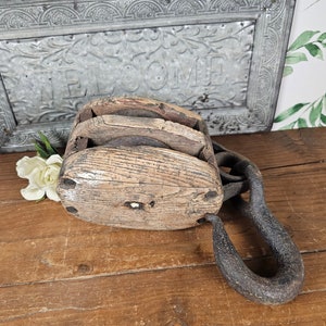 Large Antique Nautical Pulley Ship Block - Vintage Double Pulley Tackle for Rustic Home Decor